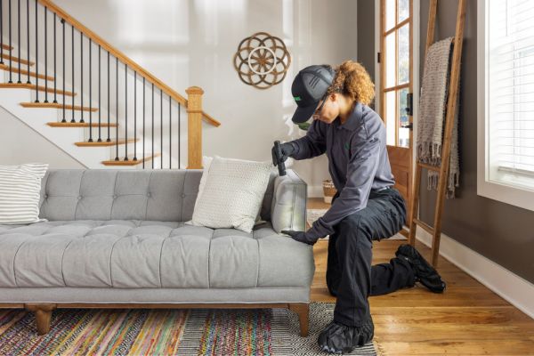 technician looking for bed bugs in a couch
