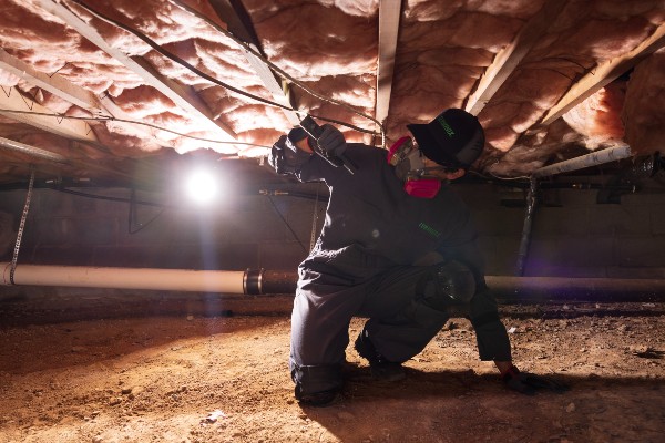 Terminix technician in a crawl space