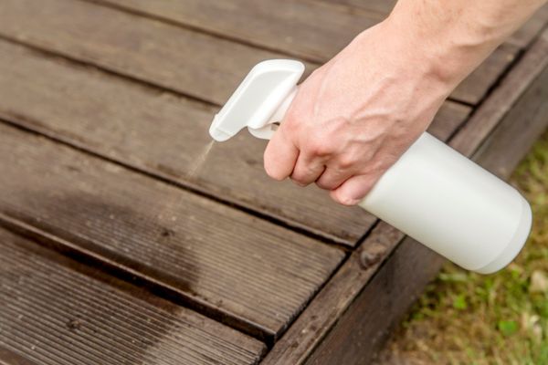 person spraying repellant on deck