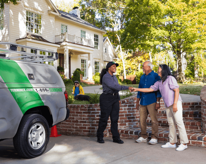 Terminix tech talking to elderly couple