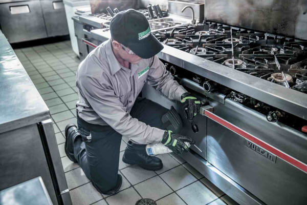 Terminix tech spraying restaurant kitchen