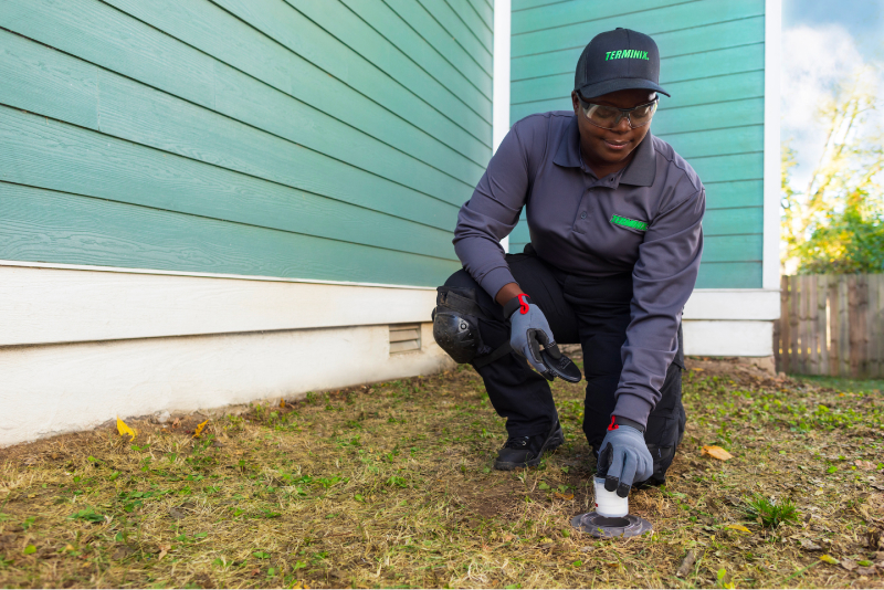 terminix technician installing termite bait station