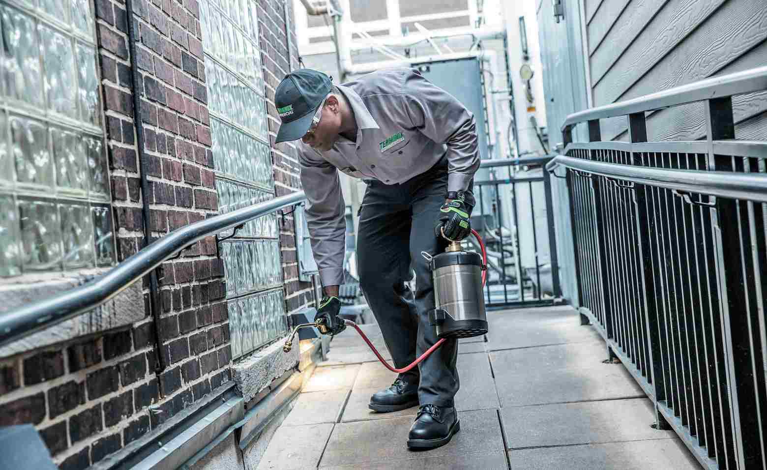 terminix technician spraying outside of business